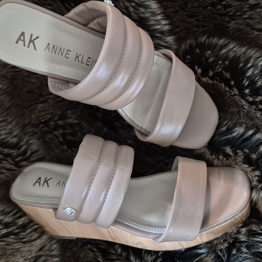 Anne Klein Tan Wedge Sandals with Triple Strap Design